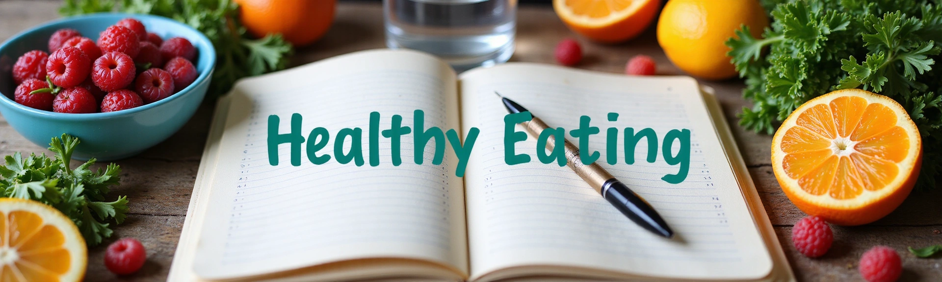 Ilustrace blogu o zdravé výživě s perem, zápisníkem a čerstvým ovocem