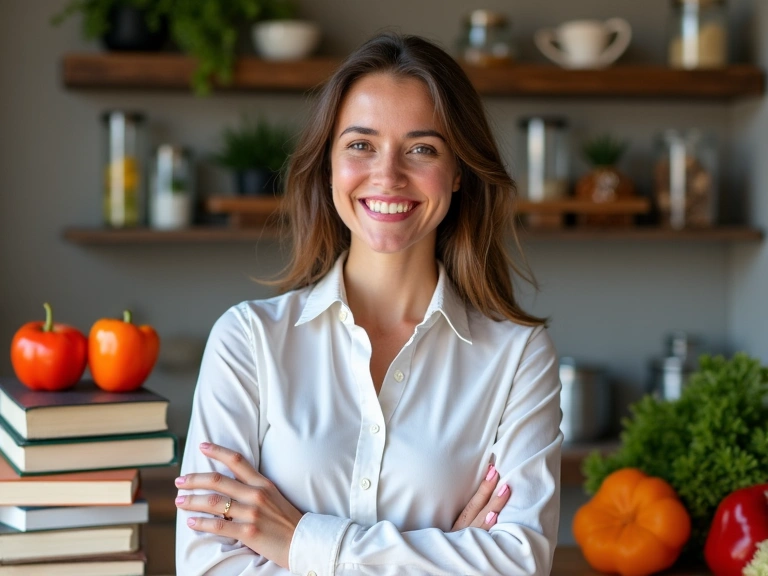 Portrét usměvavé nutrioložky s knihami a zdravou stravou v pozadí.