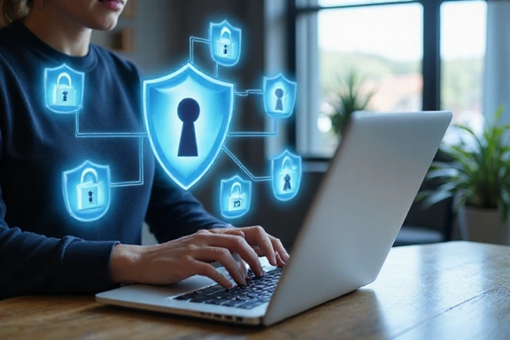 Osoba používající notebook s ikonami zabezpečení